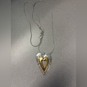 Silver & Gold Two-Tone Heart Pendant necklace long statement NEW